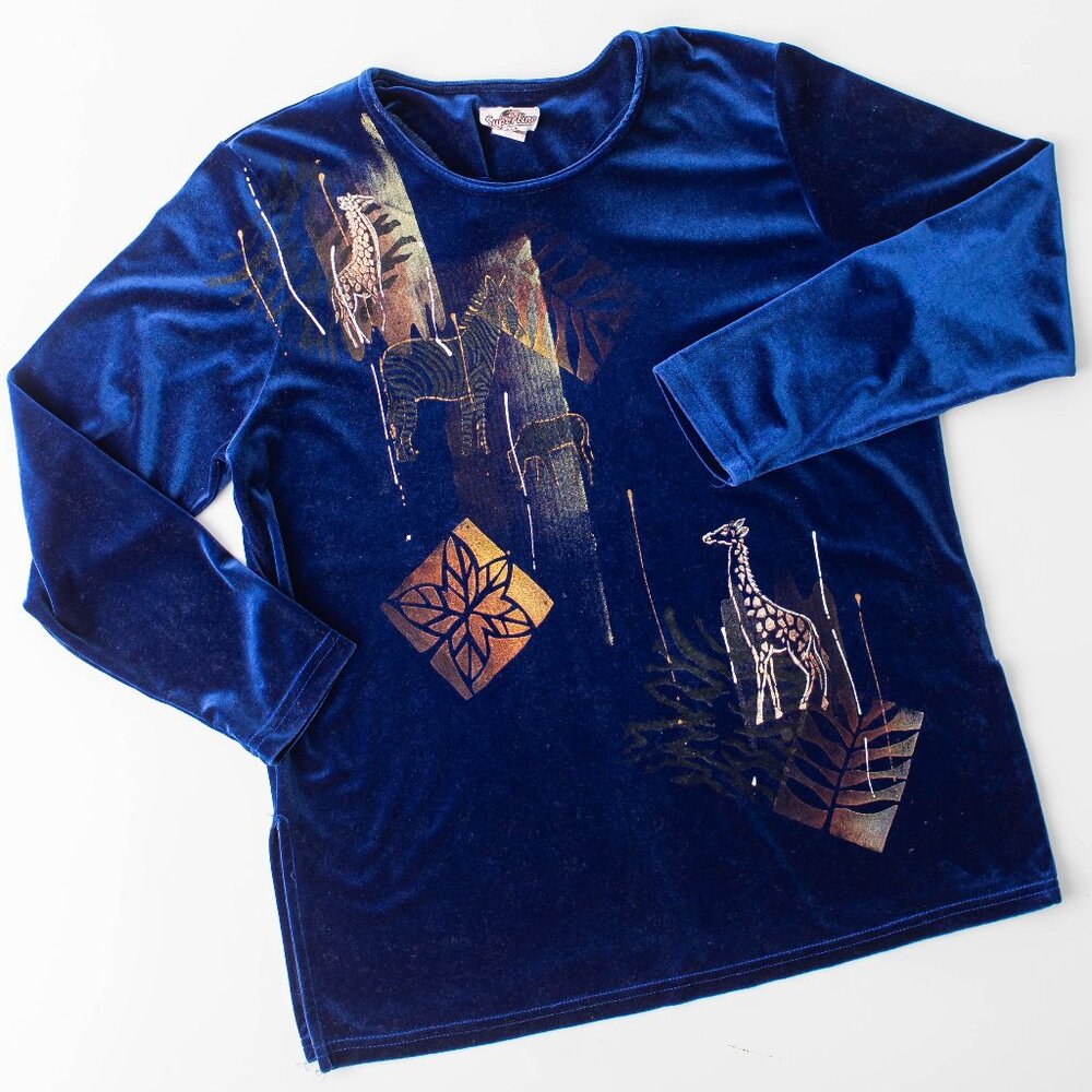 VINTAGE Superline Women's 2XL Blue Velvet Giraffe‎ Long Sleeves Blouse Shirt